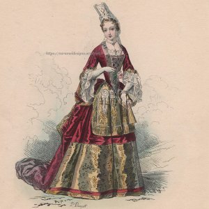 画像2: 1800年代、フランス、ファッションプレート　銅版画 　ルイ14世時代、公爵夫人像
