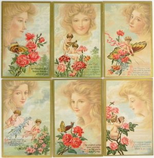 画像1: アンティークカード６枚セット、天使と美しいレディ
