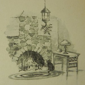 画像: アンティークカード、クリスマス、暖炉と猫