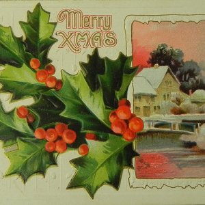 画像: クリスマスカード、柊と冬景色