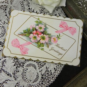 画像: アンティークカード、薔薇とリボン