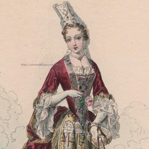 画像: 1800年代、フランス、ファッションプレート　銅版画 　ルイ14世時代、公爵夫人像