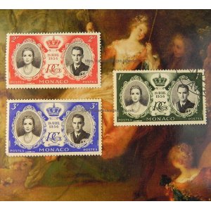 画像: 1956年モナコ公国切手、レーニエ大公＆グレース・ケリー、結婚記念切手各種