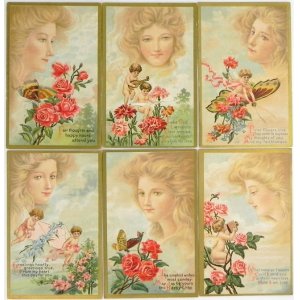 画像: アンティークカード６枚セット、天使と美しいレディ