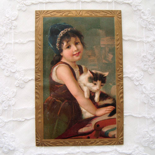 画像: 猫と青いボネの少女　トレードカード　