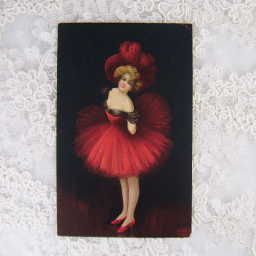 画像: アンティークカード　赤い衣装をまとった踊り子