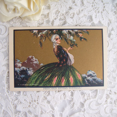 画像: イタリアン・ポストカード（貴婦人と孔雀の羽）