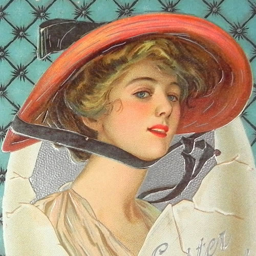 画像1: アンティークカード、赤い帽子のレディ、イースター