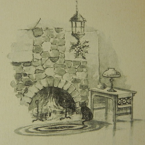 画像1: アンティークカード、クリスマス、暖炉と猫
