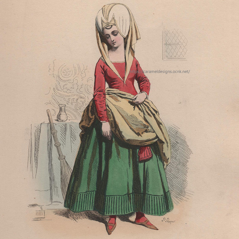 画像2: 1800年代、フランス、ファッションプレート　銅版画 　シャルル7世時代　召使い