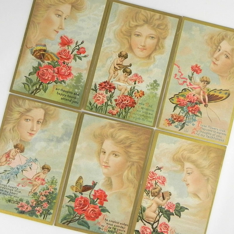 画像: アンティークカード６枚セット、天使と美しいレディ